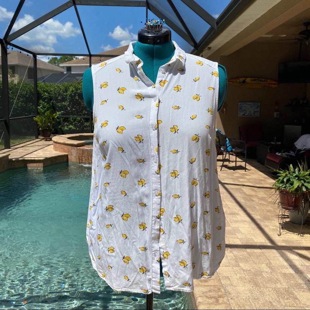 Divided Lemon Print Sleeveless Button-down